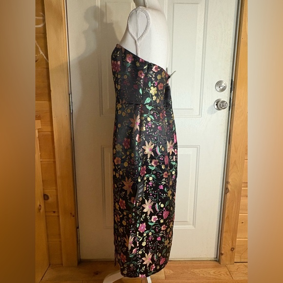 Lulus Make A Move Dress, Size Large, Satin Floral Jacquard Strapless Midi Black - Picture 4 of 16